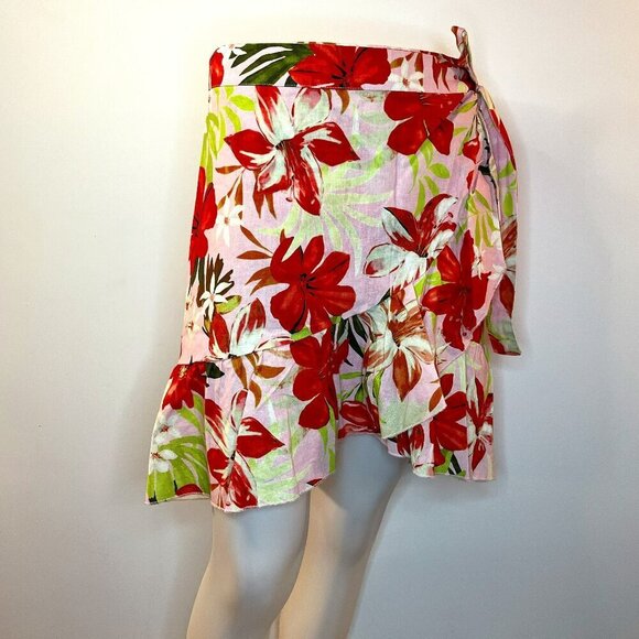 MARINA LUNA Women's Pink Floral Wrap Linen Ruffled Skirt - Size Large - NWT - Picture 1 of 4